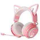 EASARS Wireless Cat Ear Headphones, Pink Gaming Headset Bluetooth 5.0 for Smartphone, Retractable Mic, 50mm Drivers, RGB Lighting Headset with Mic (USB Dongle Not Included)