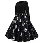 50er Rockabilly Petticoat Kleid Damen Gothic Totenkopf Rosendruck Partykleid Halloween Kostüm Langärmliges V-Ausschnitt Ballkleid Swing Cocktailkleid Tunikakleid mit Gürtel Mittelalter Abendkleid