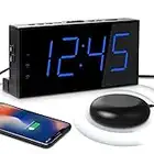 Mesqool Loud Alarm Clock with Bed Shaker for Deaf, Heavy Sleepers, Hearing Impaired,Dual Alarm,USB Phone Charger,Large LED Display,Big Snooze Button,DST 12/24H,Battery Backup, Adjustable Dimmer(Blue)