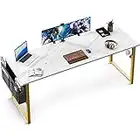 ODK 63 inch Super Large Computer Writing Desk Gaming Sturdy Home Office Desk, Work Desk with A Storage Bag and Headphone Hook, White Marble + Gold Leg