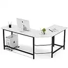 Tribesigns 66 inch Modern L Shaped Desk, Corner Computer Desk PC Laptop Gaming Table Workstation for Home Office, White Faux Marble/Black Metal Frame
