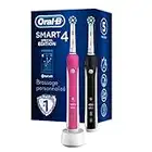 Oral-B Smart 4 Brosse à Dents Électrique Rechargeable avec 2 Manches Connecté et 2 Brossettes, Rose et Noir, Lot de 2