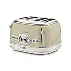 Ariete Vintage 4 Slices Toaster 156, Grille-Pain avec 6 Niveaux de Grillage, Éjection Automatique, Fonction Décongélation, Tiroir Ramasse-Miettes Amovible, Corps en Acier Inoxydable, 1600W, Beige