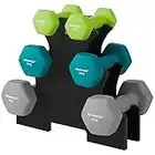 SONGMICS Kurzhantel Set, Hexagon, mit Hantelständer, 2 x 1 kg, 2 x 2 kg, 2 x 3 kg, Mattes Finish, Neopren-Beschichtung, Krafttraining, zu Hause, limettengrün, aquamarin und hellgrau SYL612GN