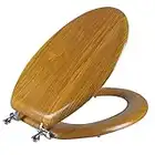 Angel Shield - Asiento para inodoro (chapa de madera, resistente, con bisagras, de metal, fácil de limpiar, antiarañazos, estándar americano, alargado, roble)