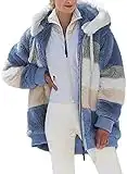 Dokotoo Womens Winter Warm Sherpa Jacket Color Block Zipper Outwear Coats Open Patchwork Hood Cardigan Blue XX-Large, UK Size 20-22