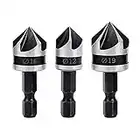 Bestgle 3pcs 1/4 Inch Shank 5 Flutes Countersink Chamfer Drill Bits, 90 Degree Chamfering Cutter Chamfer Tapered Bit Set for Woodworking Metalworking, 12mm 16mm 19mm