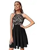 DIDK Damen Spitzenkleid Ärmellos Kleider Partykleid Cocktailkleid A Linie Hohe Taille Neckholder Shortkleid Schwarz S