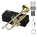 Mowind Trumpet B flat Standard Student Bb Key Brass Gold Lacquer Trumpet with Hard Case 7C Mouthpiece Cleaning Kit Set