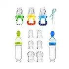 Food Feeder Baby Fruit Pacifier (3 Pcs) with 6 Different Sized Silicone Pacifiers 2 PCS Dispensing Spoon 90ML Spoons Clip Infant Teething Toy -Blue