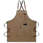 Canvas Work Aprons for Men with Pockets,Adjustable Strap and Large Pockets Apron,Kitchen Cooking Baking Chef Apron (Brown)