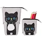 QH-Shop Federmäppchen Große Kapazität Stehen Leinwand Reißverschluss Mäppchen Niedlich Katze Make-up Tasche Teleskopisch Bleistifthalter Beutel für Schule Büro (Grau)