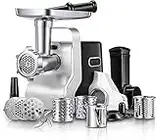 FOHERE Electric Meat Grinder, Multifunktion Food Grinder with 3 Grinding Plates, 4 Vegetable Cheese Slicer, Sausage Stuffer Tube, Kubbe Maker and Tomato Strainer Juicer, Stainless Steel