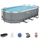 Bestway Power Steel 18' x 9' x 48" Oval Metal Frame Above Ground Outdoor Swimming Pool Set with 1500 GPH Filter Pump, Ladder, and Pool Cover