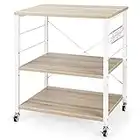 TANGZON 3-Tier Kitchen Baker's Rack on Lockable Wheels, Steel Frame Microwave Oven Shelf with 2 Adjustable Shelves & 10 S-Hooks, Rolling Serving Trolley for Living Room Office Restaurant (Natural)