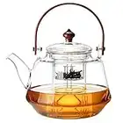 DOPUDO SUNDIAL Glass Teapot, Stove Top Safe. Borosilicate Glass Kettle with Removable Infuser, Heat Resistant Wood Handle for Blooming Flower Tea- 1250ml/ 42oz