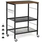 Microwave Oven Stand, Kitchen Baker's Rack 3-Tier Mesh Kitchen Storage Cart with Metal Frame Industrial Wood Accent Furniture for Living Room, Bedroom, Kitchen - Rustic Brown