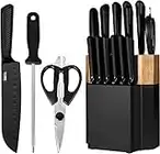 Knife Set, 15 Pieces Black Kitchen Knife Set with Wooden Block, Non-Stick Coating Chef Knife Set with Knife Sharpener for Self Sharpening, German Stainless Steel Knife Set with 6 Steak Knives, Black