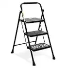 HBTower 3 Step Ladder, Folding Step Stool with Wide Anti-Slip Pedal, 500lbs Sturdy Steel Ladder, Convenient Handgrip, Lightweight, Portable Steel Step Stool, Black