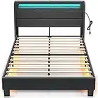 Rolanstar Bed Frame Full Size with Headboard, Upholstered Platform Bed Frame Full with LED Lights and USB Ports, Motion Activated Night Light & Solid Wood Slats, No Box Spring Needed, Dark Grey