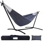 Hammock with Stand, Ohuhu Double Hammock with Space Saving Steel Stand & Pillow, 2-Person Hammock with Portable Carrying Bag, Camping Hammock for Outdoor, Grey, Gift for Parents Family