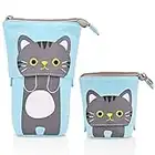 Trousse Retractable Crayon,Trousse à Crayons Télescopique en Toile Durable avec Motif de Chat Mignon,Make Up Trousse Pop up pour Cadeau de Noël D'anniversaire Domestique Scolaire (Blue)