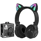 T/A Kids Headphones Wireless Light Up Cat Ear Bluetooth Headphones Over Ear Foldable Headphones Wireless/Wired On-Ear Stereo Headset with Microphone LED Light (Black)