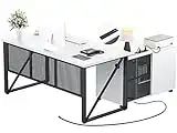 Unikito 55 Inch Executive Office Desk and Lateral File Cabinet, L Shaped Computer Desk with Power Outlet and USB Charging Port, Large Corner Table Home Office Furniture with Drawers and Storage, White
