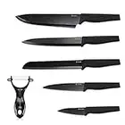 Navaris Knives and Peeler Set - 5 Stainless Steel Kitchen Knife & 1 Potato Peeler Set - Ceramic Blade Peeler & 5 Knives with Black Blades and Handles