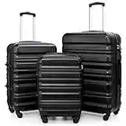 COOLIFE Suitcase Trolley Carry On Hand Cabin Luggage Hard Shell Travel Bag Lightweight with TSA Lock and 2 Year Warranty Durable 4 Spinner Wheels (3 Pcs Set, Black)