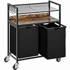 Greenstell Laundry Sorter Cart, Laundry Hamper with Side Pull 2 Bags, 2 Shelves, Rolling Laundry Basket, 2 x 47L, Metal Frame, Rustic Brown and Black