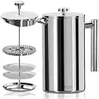 KICHLY - 34 OZ French Press, 100% Stainless Steel Double Walled Insulated Coffee Press with Fine Filters, Espresso & Tea Maker - Silver