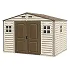 Duramax WoodSide 10 x 8 Plastic Garden Shed with 3 Fixed Windows & Metal Foundation Kit, Strong Metal Roof Structure Fire Retardant and Maintenance-Free Storage Shed - Ivory/Brown