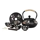 Japanese Style Cast Iron Teapot with 4 Tea Cups Trivet Tetsubin Tea Kettle with Infuser Chinese Tea Set for Adults Iron Tea Pots Black (Magpie and Plum Pattern)