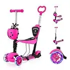 YOLEO 5-in-1 Kinder Roller Scooter mit Abnehmbarer Karikaturkorb Sitz Schubstange LED große Räder Bequeme Rückenlehne Höheverstellbare Lenker für Kleinkinder Jungen Mädchen ab 2 Jahre (Rosa