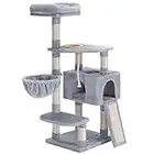 Hey-brother Árbol para Gatos con comedero, Torre para Gatos de Interior, Poste rascador Grande con Hamaca, Cueva para Gatos XXL, Gris Claro EMPJ010W