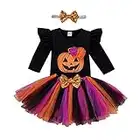 Costume d'Halloween pour bébé fille,Costume de citrouille fantôme à manches longues + jupe tutu en tulle + bandeau à paillettes, citrouille noire,3 à 6 mois