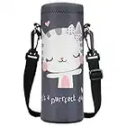 ToLuLu Sac de transport isotherme en néoprène 1000 ml avec bandoulière réglable, pour bouteilles en acier inoxydable, verre et plastique, boissons énergétiques sportives, chat mignon