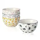 Bol Petit Dejeuner Bols Porcelaine - Bol à Dessert en Ceramique 350ml - Lot de 4 Bols Riz Couleur Motif Fleur - Petits Bols à Soupe | Snack | Glace - Passe au Micro-ondes et Lave-vaisselle - 11,5 cm