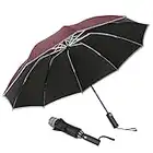 MoKo Travel Umbrella, 10 Ribs Folding Automatic Umbrella, Windproof Compact Outdoor Rain and Sun Umbrella with Reflective Stripe, Wine Red