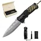 XIPHIAS EDC Tactical Damascus Steel Folding Pocket Knife Survival Camping Multitool Knife with LED Light,Magnesium Fire Starter,Whistle,Paracord,Pocket Clip and Knife Pouch FK039-DA (Green)