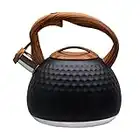 GGC Tea Kettle for Stove Top, Loud Whistling Kettle for Boiling Water Coffee or Milk, 2.7 Quart 3L Heavy Stainless Steel Black Kettle with Wood Pattern Handle, Unique Button Control Kettle Outlet