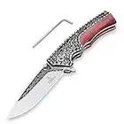 Coltello Pieghevole, Coltello da Caccia in Acciaio Inox 7Cr17, Coltello da Sopravvivenza con Acciaio Decorativo Goffrato e Manico in Legno, Coltello Tascabile per Campeggio Pesca Collezione (Rosso)