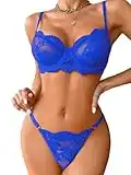 Kaei&Shi Sexy Bra and Panty Sets,Underwire Mesh Floral Lace Lingerie for Women,Thong Sheer Matching Two Piece Sexy Lingerie Set Boudoir Royal Blue Medium