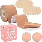 CTDMJ Breast Tape, Cinta Adhesiva Sujetador, Cinta para los Pechos, Cinta Levantamiento Senos con 5 Pares cubrepezones y 1 par Silicona Reutilizable para Vestidos sin Espalda (5m*5cm)