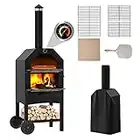 UDPATIO Outdoor Pizza Oven Wood Fired, Wood Pizza Ovens for Outside with Waterproof Cover, Pizza Stone, Peel, 2 Layer Steel, Freestanding Steel Oven with 2 Wheels for Kitchen BBQ Backyard Party