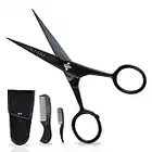 ONTAKI 5" Beard Moustache Scissors Professional German Steel 2 Comb Carrying Pouch Mustache Trimming - Hand Forged Bevel Edge Precision Men Facial Hair Grooming Kit All Body Hair Black