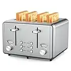 WHALL 4 Slice Toaster Stainless Steel,Toaster-6 Bread Shade Settings,Bagel/Defrost/Cancel Function with Dual Control Panels,Extra Wide Slots,Removable Crumb Tray,for Various Bread Types 1500W