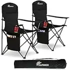 SUNMER Set of 2 Folding Camping Chairs, Extra-Wide Lightweight Outdoor Chairs with Armrests, Cup Holder and a Side Pocket, 120kg Capacity per Chair - Black