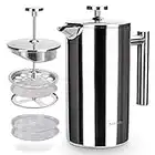 Secura French Press Coffee Maker, 304 Grade Stainless Steel Insulated Coffee Press with 2 Extra Screens, 34oz (1 Litre), Silver